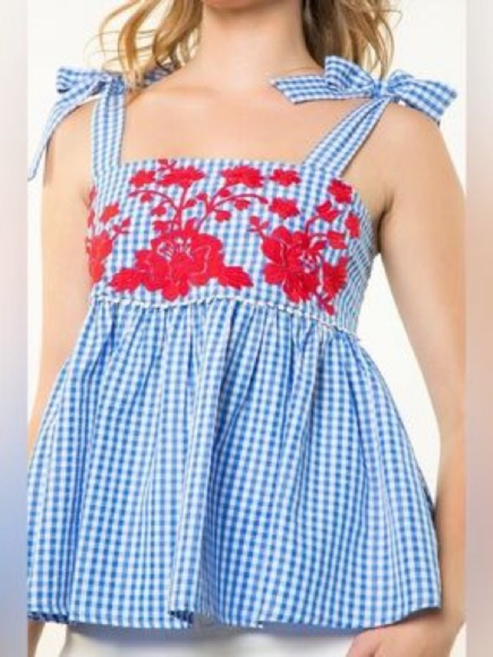 THML Blue Gingham Peplum Tank Top with Red Floral Embroidery